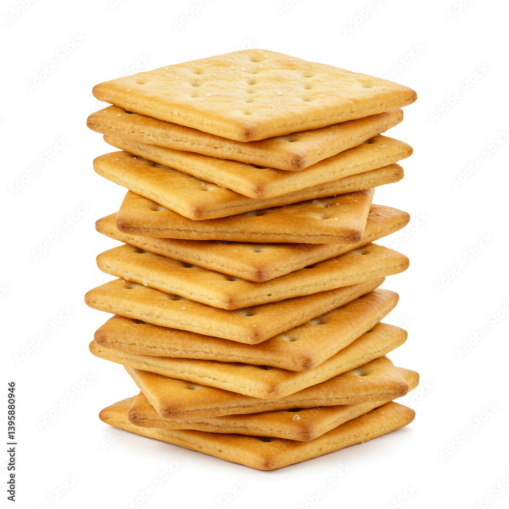 A tempting stack of golden-brown crackers, a delicious and satisfying snack, perfectly crisp and ready to be enjoyed against a pure white background. A tempting stack of golden-brown crackers, a delicious and satisfying snack, perfectly crisp and ready to be enjoyed against a pure white background.
