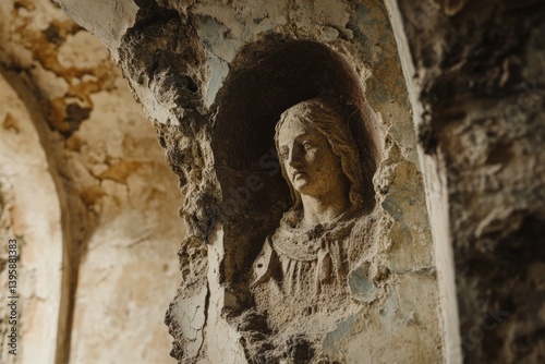 A weathered statue nestled in a rustic alcove exudes an aura of forgotten history and sculptural grace.