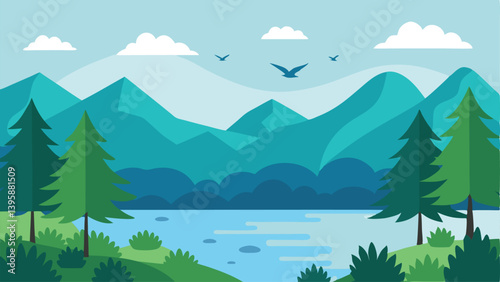 Idyllic Calm Lake in Forest Meadow with Birds Taking Off Vector Illustration Background