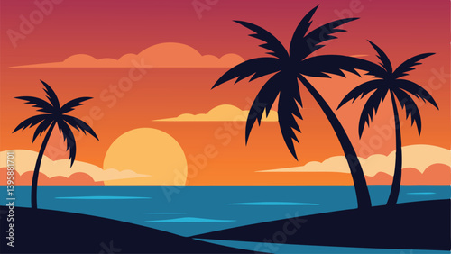 Peaceful Tropical Beach at Sunset with Palm Tree Silhouette Vector Illustration Background