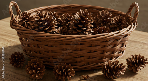 Woven Willow Basket Filled With Pinecones For Autumn Decorations Concept
