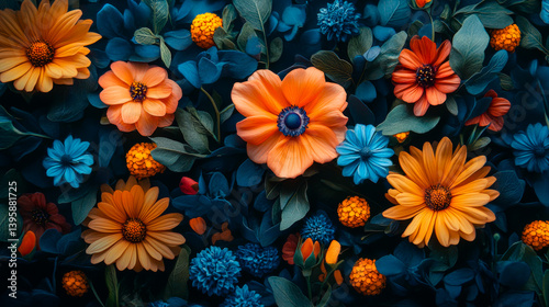 Floral pattern different mix wildflowers buds top view. Beautiful aesthetic flowers texture Flat lay. Abstract Summer Floral art for background