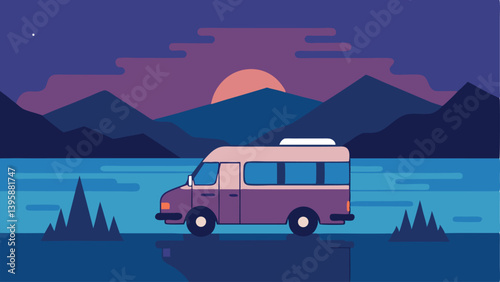 Campervan Parked Near a Tranquil Lake at Dusk Vector Illustration Background