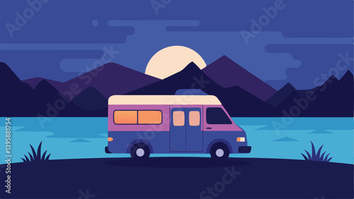 Campervan Parked Beside a Serene Lake at Twilight Vector Illustration Background