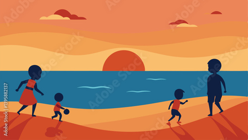 Joyful Children Playing on Sandy Beach at Beautiful Sunset Vector Illustration Background