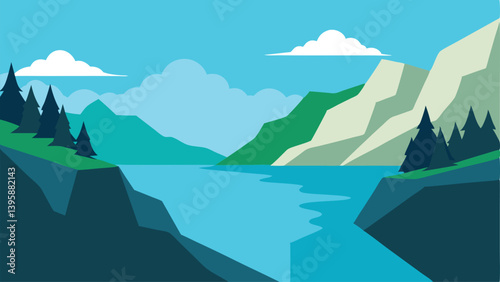Beautiful Cliffside View of a Tranquil Lake and Snowy Mountain Peaks Vector Illustration Background
