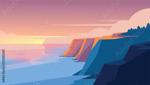 Breathtaking Coastal Cliffs Illuminated by Sunrise Over Ocean Mist Vector Illustration Background