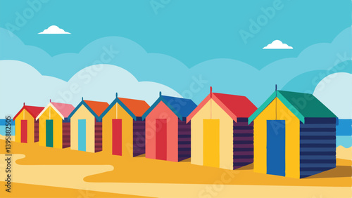 Serene Colorful Beach Huts by Sea with Gentle Morning Light Vector illustration Background