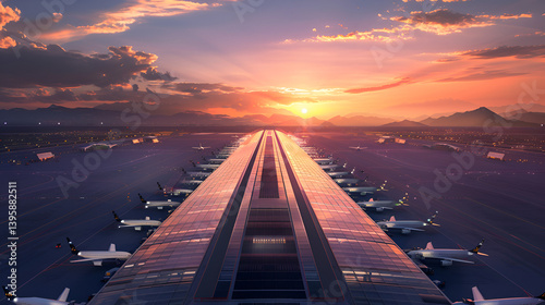 View of many airplanes parked on a runway at sunset with a vibrant sky and distant mountains .