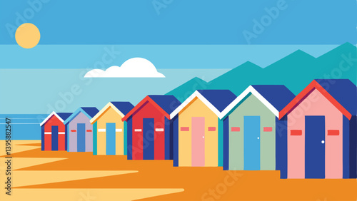 Vibrant Colorful Beach Huts by Sea with Bright Morning Light Vector illustration Background