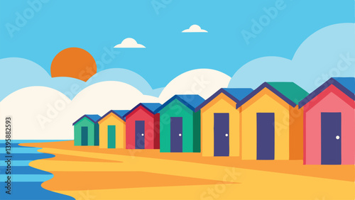 Charming Colorful Beach Huts by Sea with Soft Morning Light Vector illustration Background