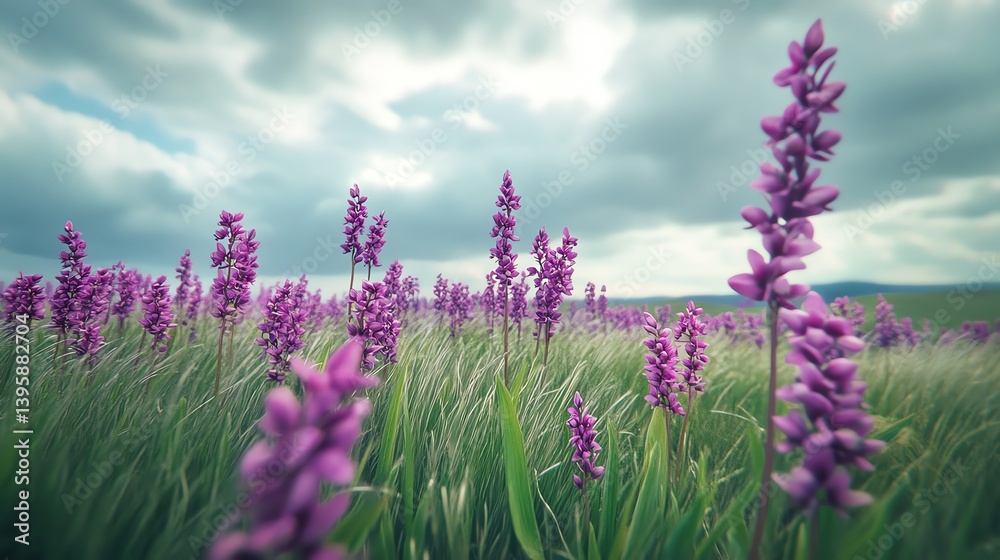 Obraz premium Purple Flower Field Blooming Under Cloudy Sky Inspiring Nature Photography