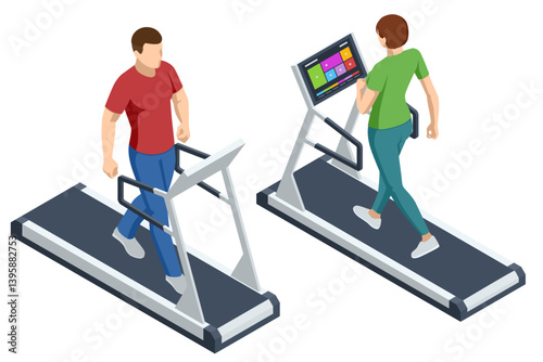 Isometric vector illustration of a man and a woman exercising on treadmills. Gym training, fitness workout, indoor cardio exercises, healthy lifestyle concept. Athletic lifestyle, sports equipment.