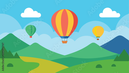 Peaceful Colorful Hot Air Balloons Over Tranquil Nature Valley Vector illustration Background