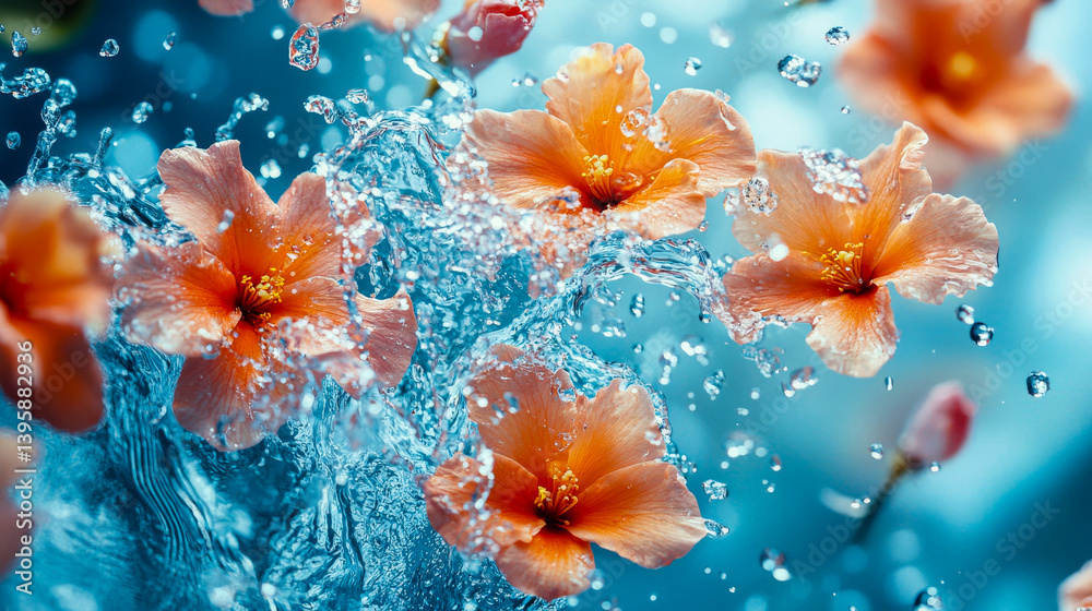 Beautiful aesthetic flowers thrown into the water with splash drops in the pool. Abstract Summer Floral art. Aqua transparent texture. Spa and cosmetic concept background
