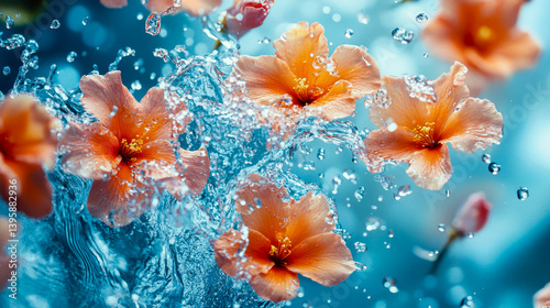 Obraz na płótnie Beautiful aesthetic flowers thrown into the water with splash drops in the pool. Abstract Summer Floral art. Aqua transparent texture. Spa and cosmetic concept background w salonie