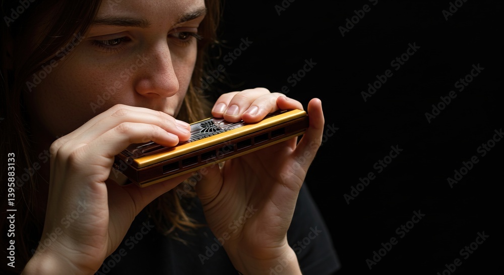 Woman playing a harmonica with a black background in a close up shot