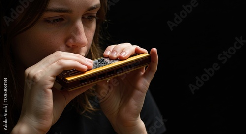 Woman playing a harmonica with a black background in a close up shot