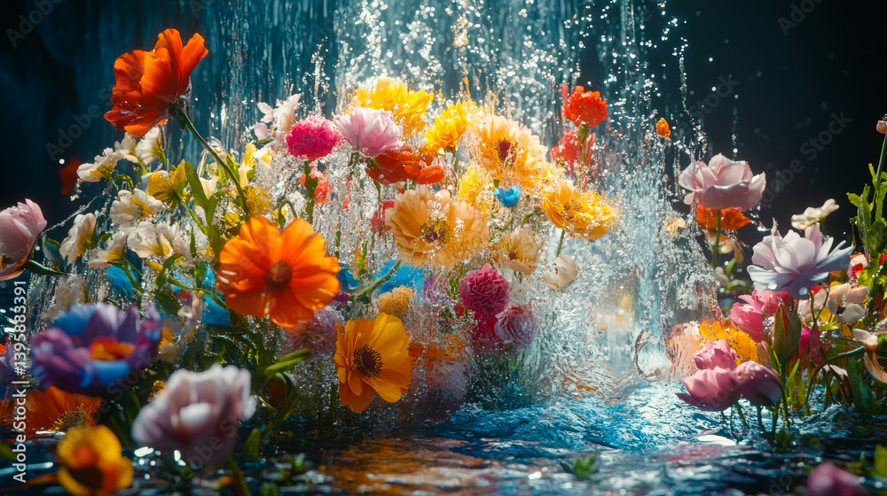 Beautiful aesthetic flowers thrown into the water with splash drops in the pool. Abstract Summer Floral art. Aqua transparent texture. Spa and cosmetic concept background