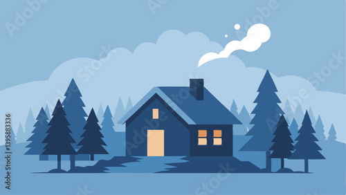 Charming Cozy Cabin Nestled in Snowy Forest Clearing Vector illustration Background