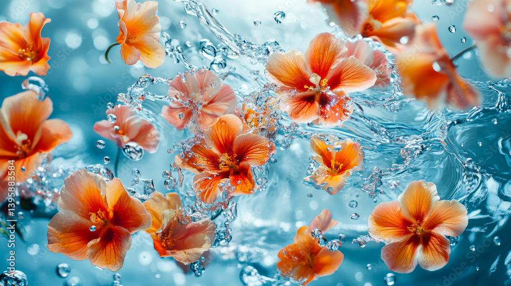 Beautiful aesthetic flowers thrown into the water with splash drops in the pool. Abstract Summer Floral art. Aqua transparent texture. Spa and cosmetic concept background