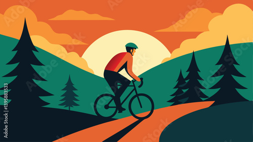 Serene Cyclist Riding Through Forest Trail at Early Morning Vector illustration Background