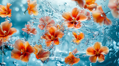 Obraz na płótnie Beautiful aesthetic flowers thrown into the water with splash drops in the pool. Abstract Summer Floral art. Aqua transparent texture. Spa and cosmetic concept background w salonie