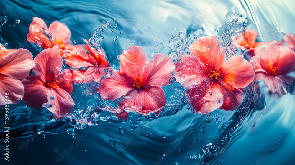 Beautiful aesthetic flowers thrown into the water with splash drops in the pool. Abstract Summer Floral art. Aqua transparent texture. Spa and cosmetic concept background