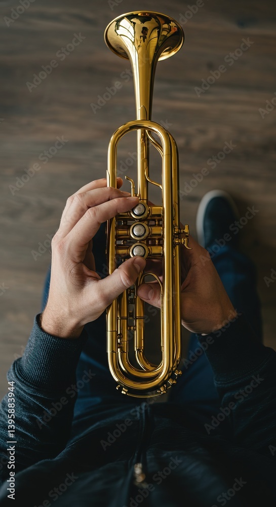 Person playing a golden trumpet with fingers on the valve buttons