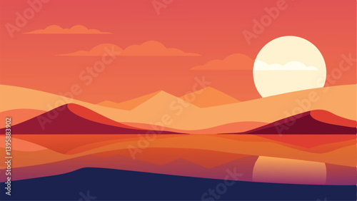 Tranquil Desert Landscape with Mirrored Sunset Sky Vector illustration Background