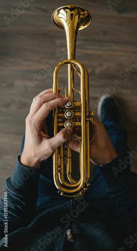 Obraz na płótnie Person playing a golden trumpet with fingers on the valve buttons w salonie