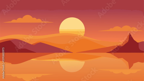 Surreal Desert Landscape with Mirrored Sunset Sky Vector illustration Background