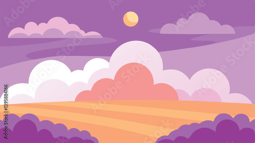 Peaceful Dreamy Clouds Over Lavender Field at Golden Hour Vector illustration Background