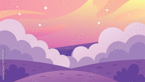 Enchanting Dreamy Clouds Over Lavender Field at Golden Hour Vector illustration Background