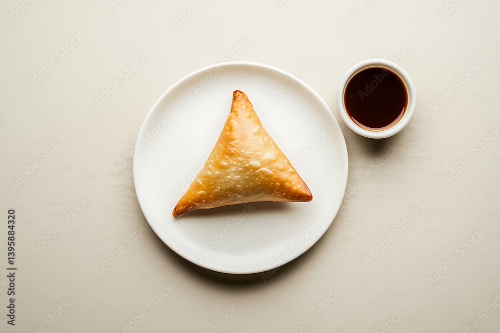 • A minimalist composition of a single samosa on a white plate, with a drizzle of tamarind sauce artistically placed beside it, set against a neutral background • A minimalist composition of a single samosa on a white plate, with a drizzle of tamarind sauce artistically placed beside it, set against a neutral background