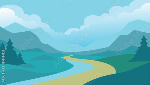 Serene Early Morning Mist Rising from a Quiet Valley River Vector illustration Background