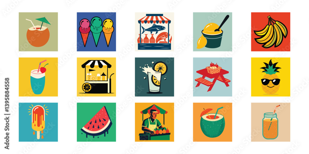 Fototapeta premium Summer Treats & Drinks Vector Set – Ice Cream, Cocktails & More on a White Background
