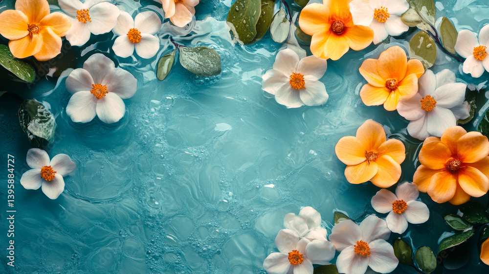Beautiful aesthetic flowers in the pool water. Abstract Summer Floral art. Aqua transparent texture. Spa and cosmetic concept background with copy space