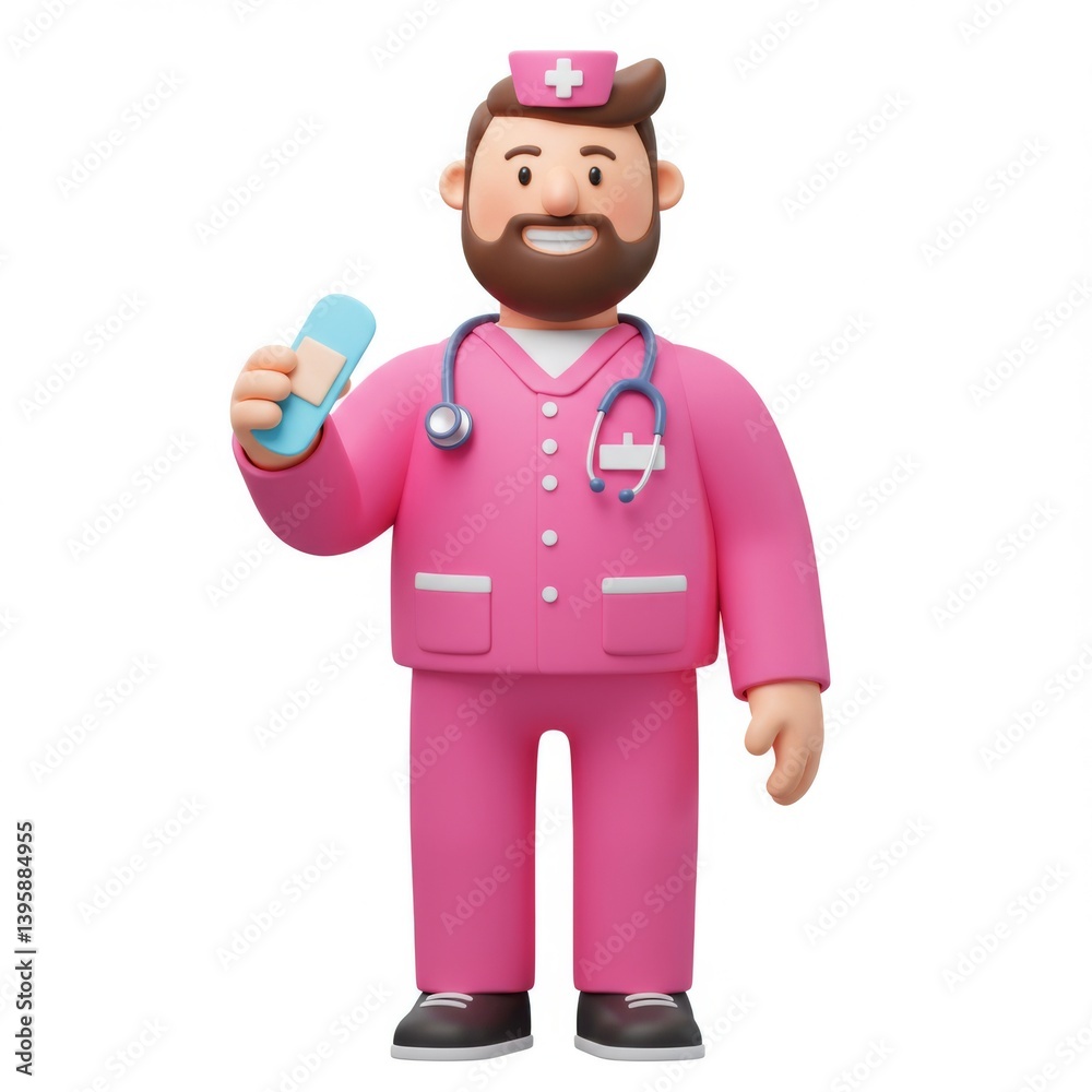Cartoon male doctor figure smiling with stethoscope and bandage in pink uniform Cartoon male doctor figure smiling with stethoscope and bandage in pink uniform