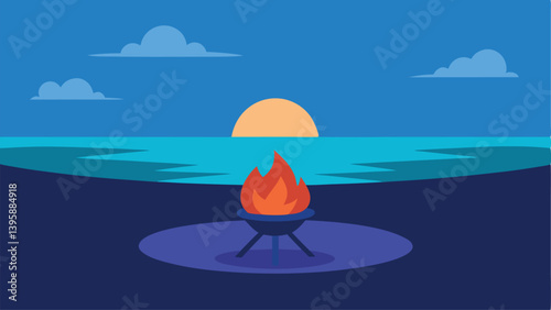 Cozy Firepit and Chairs on Sandy Beach at Twilight Vector illustration Background