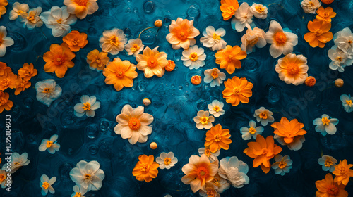 Beautiful aesthetic flowers in the pool water. Abstract Summer Floral art. Aqua transparent texture. Spa and cosmetic concept background