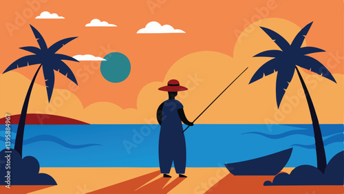 Solitary Fisherman at Dawn on a Tropical Beach Vector illustration Background