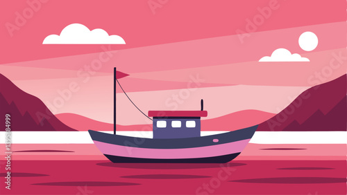Dreamy Fishing Boat on Shore with Pastel Pink Sky Vector illustration Background