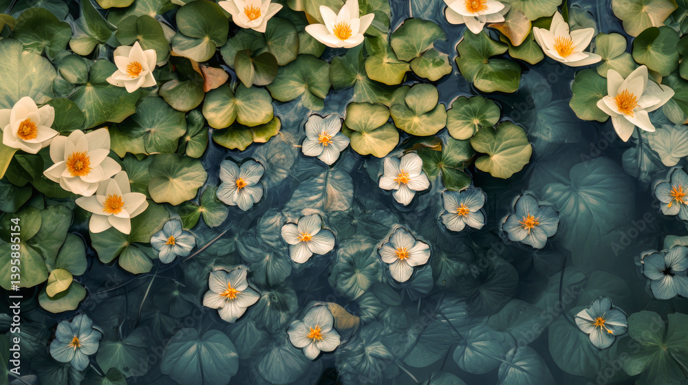 Beautiful aesthetic flowers in the pool water. Abstract Summer Floral art. Aqua transparent texture. Spa and cosmetic concept background