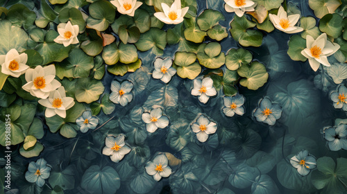 Obraz na płótnie Beautiful aesthetic flowers in the pool water. Abstract Summer Floral art. Aqua transparent texture. Spa and cosmetic concept background w salonie