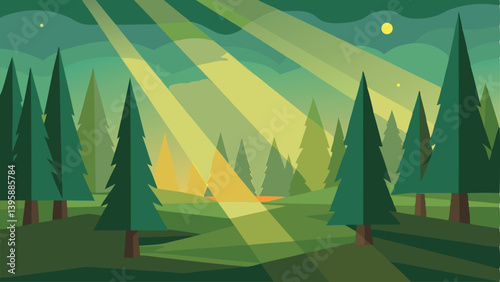 Enchanted Forest Clearing Lit by Golden Early Morning Rays Vector illustration Background