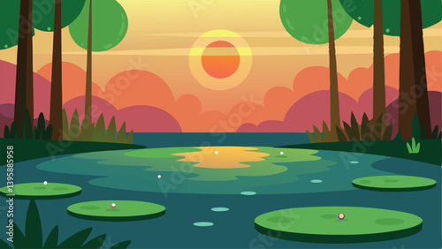 Tranquil Forest Pond with Lily Pads Glowing in Sunrise Light Vector illustration Background