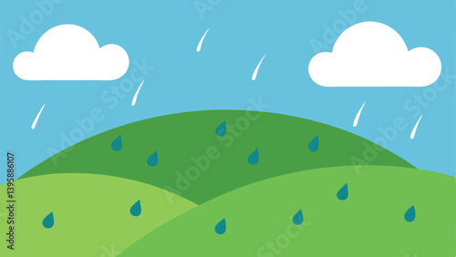 Refreshing Spring Rain Over Lush Green Grassy Hills Vector illustration Background