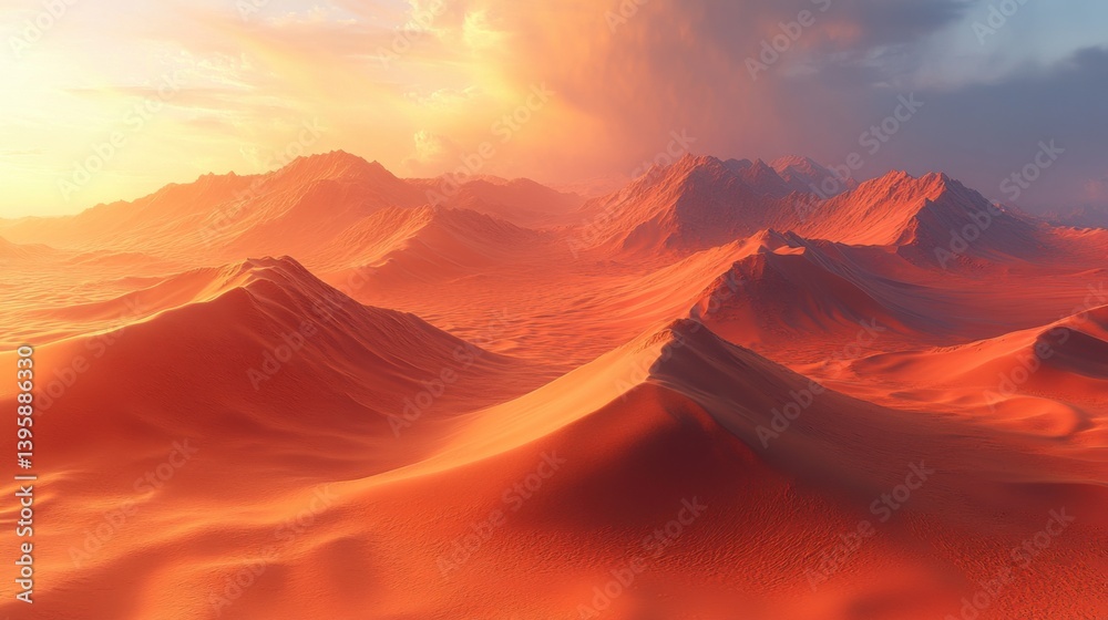 Fototapeta premium Dramatic sunset over red sand dunes with mountains in the background creating a vibrant landscape