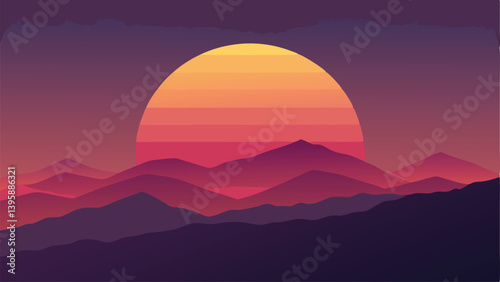 Peaceful Glowing Sun Peeking Behind Misty Hills at Dawn Vector illustration Background